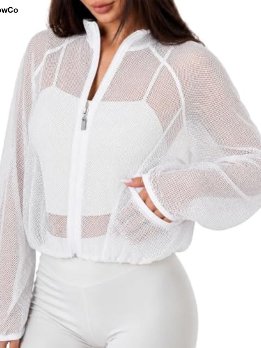 Sheer Mesh Zip Up Workout Jacket Women Long Sleeve Athletic Track Bomber